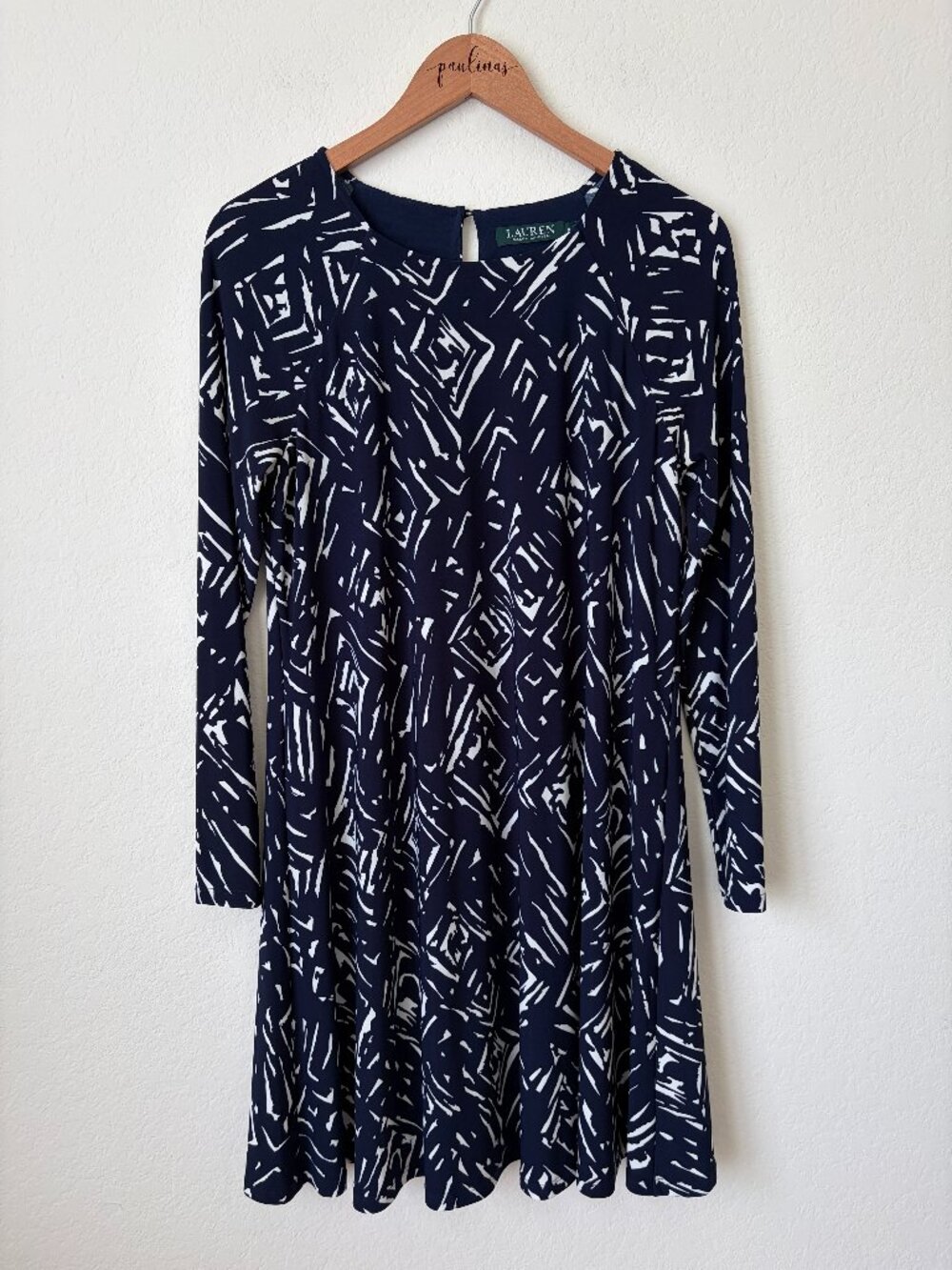 Lauren Ralph Lauren Dress Womens 8 Navy White Geometric Print Fit Flare Career